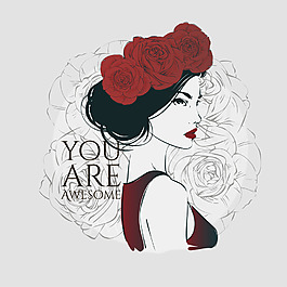 時(shí)尚手繪女性和花朵插畫(huà)