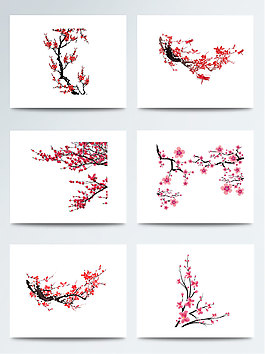 紅色毛筆畫國畫梅花年畫PNG元素