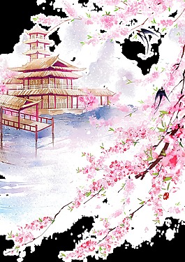 手繪彩色日式建筑透明裝飾素材