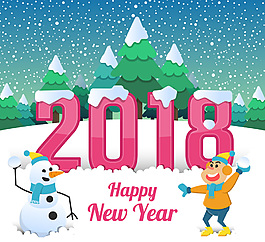創(chuàng)意2018年雪人和男孩賀卡矢量