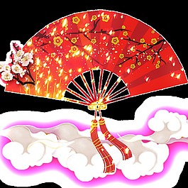 手繪中國(guó)風(fēng)紅色折扇透明裝飾素材