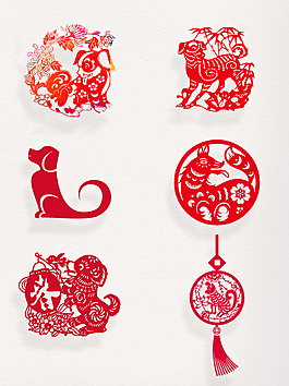 新春新年春節(jié)紅色剪紙狗素材裝飾圖案