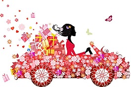 唯美花瓣汽車(chē)美女插畫(huà)PNG元素
