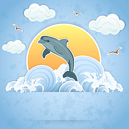 海浪里的海豚插畫