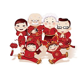 一家人過年紅色卡通png元素