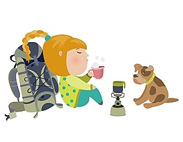 彩繪女孩喝水狗狗卡通場景png元素