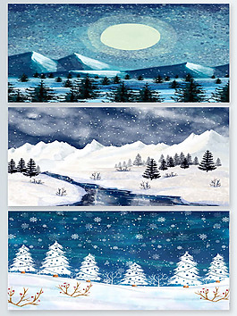 水彩繪冬季雪山森林風景