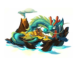 卡通綠色龍寶箱金幣游戲插畫png