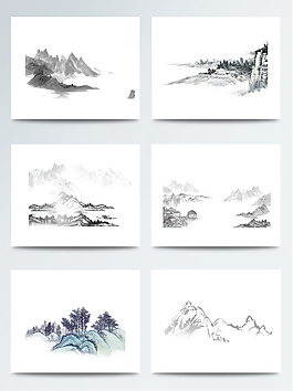 水墨山毛笔画PNG元素图