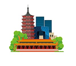 扁平中式建筑地標png元素