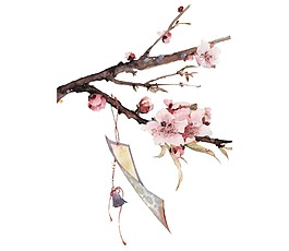 水墨粉色桃花國畫png元素