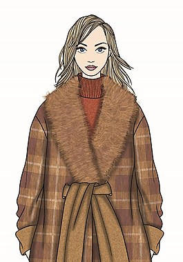 氣場強大紅褐色毛領大外套女裝服裝效果圖