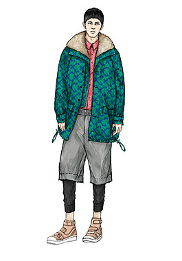 時尚潮流深綠色大外套男裝服裝效果圖