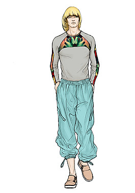 型男蓝色宽松裤子男装服装效果图