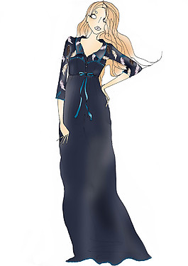 温婉墨蓝色连衣长裙服装效果图