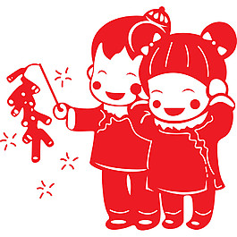 新年放鞭炮的小孩子剪紙素材