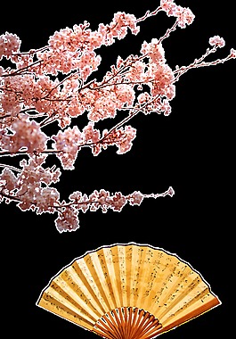 桃花樹和折扇透明素材