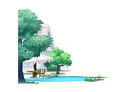 歐式扁平建筑湖樹木png元素