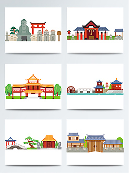手繪扁平古代建筑