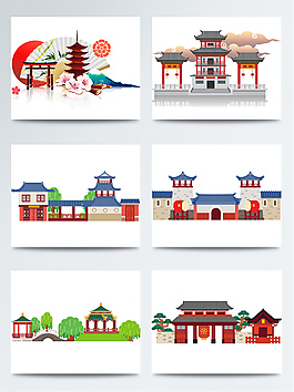 创意扁平手绘古建筑插画