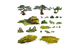 松樹山地草地插畫png元素