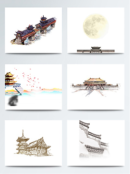 唯美手绘古建筑素材