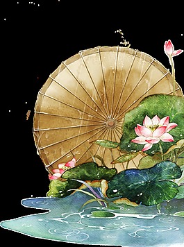 手繪河邊景象透明裝飾素材