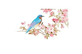 清新粉色花朵小鳥元素