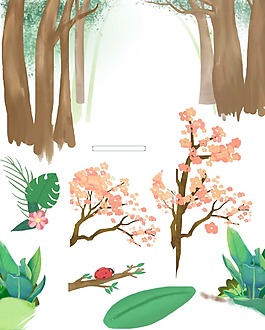 卡通樹木鮮花綠葉png元素