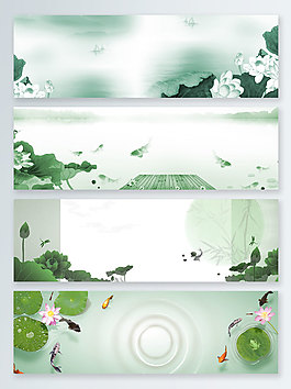 復古中國風荷花簡約綠色banner背景
