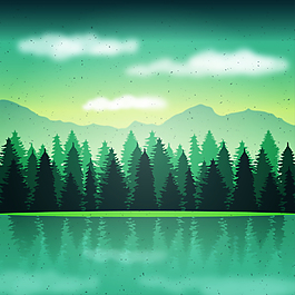 卡通插畫山水叢林遠山白云背景