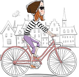 手繪騎自行車的女生插畫