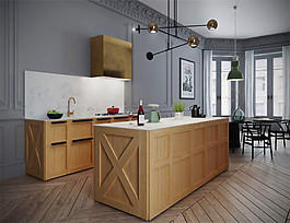 簡約開放式廚房灰色墻壁裝修效果圖