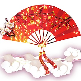白云红色桃花扇png元素