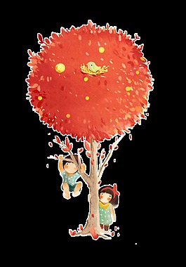 紅色花樹小孩圖案