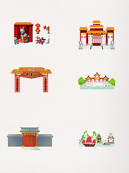 一组复古红色新年建筑