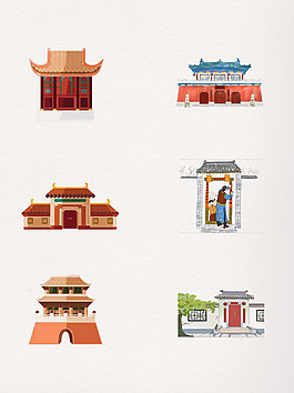 一組紅色復古傳統(tǒng)建筑素材