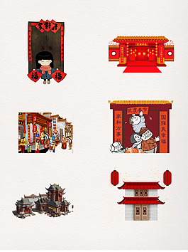 一组红色喜庆新年建筑素材