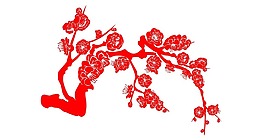 紅色剪紙鮮花樹枝png元素