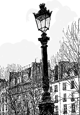 手绘城市街灯建筑插画