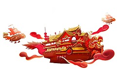 卡通紅色龍船春節促銷png元素