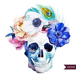 手繪骷顱和花朵插畫