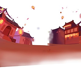 中式古代街道夜景png元素
