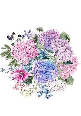 水墨工笔粉色紫色花png元素