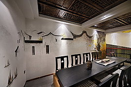 简约餐厅方块条纹吊顶工装效果图