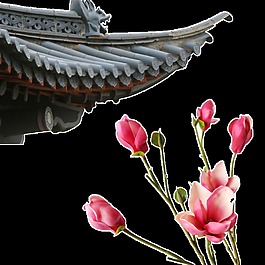 古風中式屋檐花朵圖案