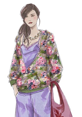 名媛风格小碎花长袖女装效果图