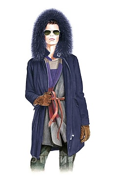 保暖深藍色毛領外套女裝效果圖