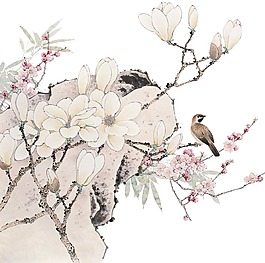 中國風水墨畫鮮花小鳥png元素
