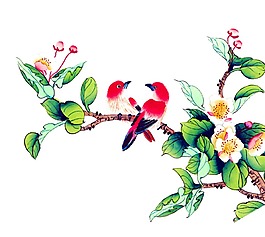 卡通彩色小鸟树枝png元素